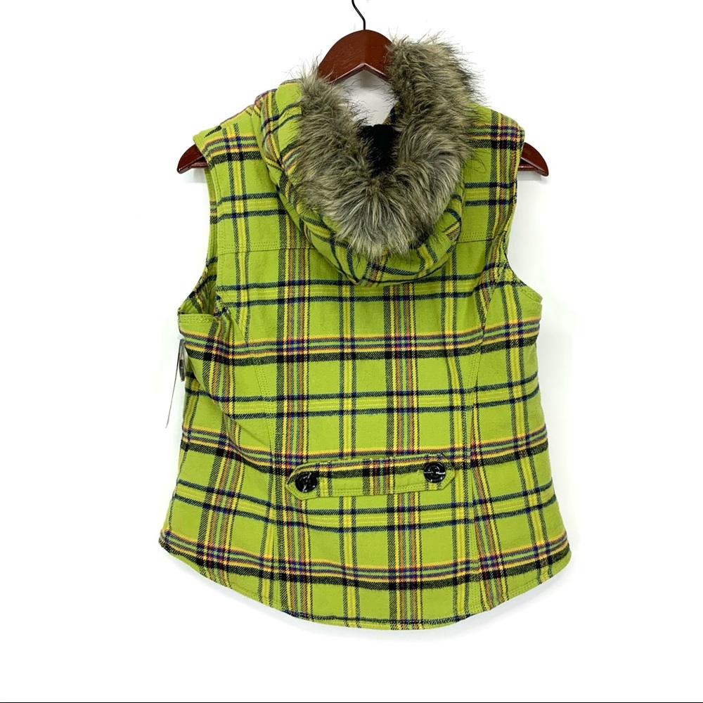 Mossimo Supply Co Retro Lime Green Blue Multi Plaid Full Zip Vest Faux Fur Hood - Picture 2 of 15